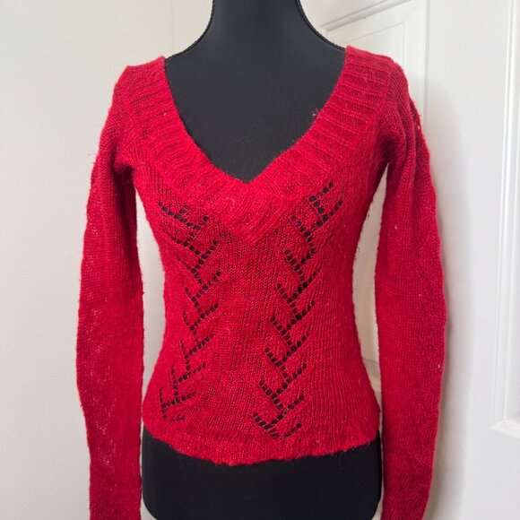 Red Deep V Neck Sweater by One Step Up, Size Medium - Picture 8 of 14